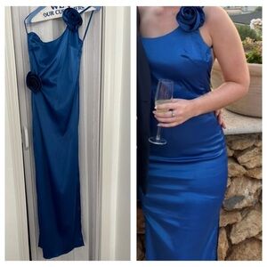 Elegant Blue Satin Dress with Floral Detail